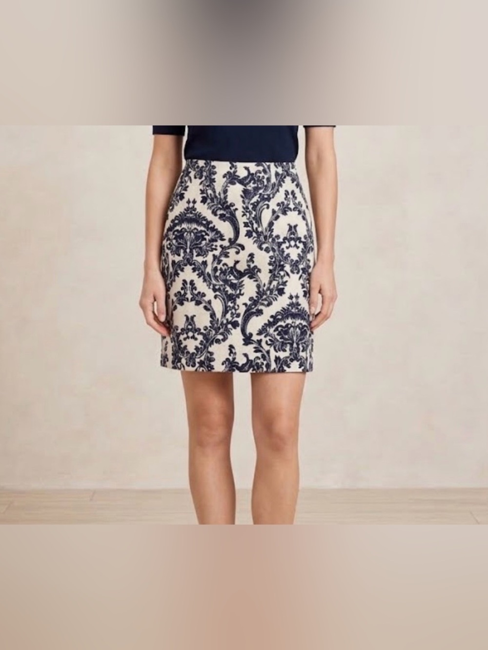 Talbots Black Tan Damask Pencil Skirt 8P Stretch Floral Brocade CareerOffice 90s